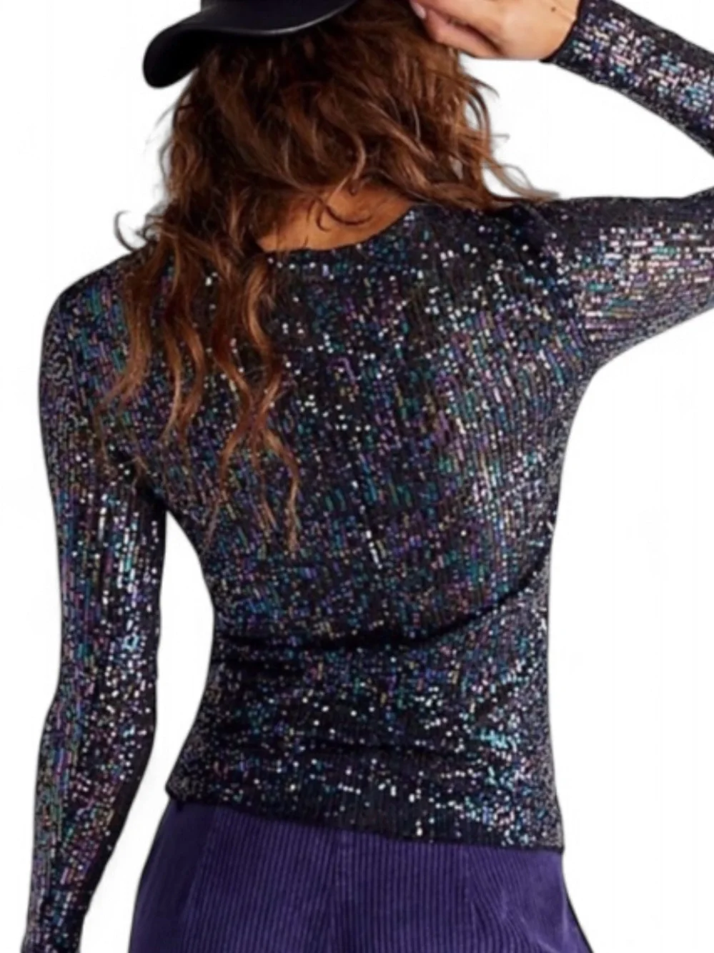 Free People Gold Rush Sequin Long Sleeve Top Purple Iridescent Black Size Small